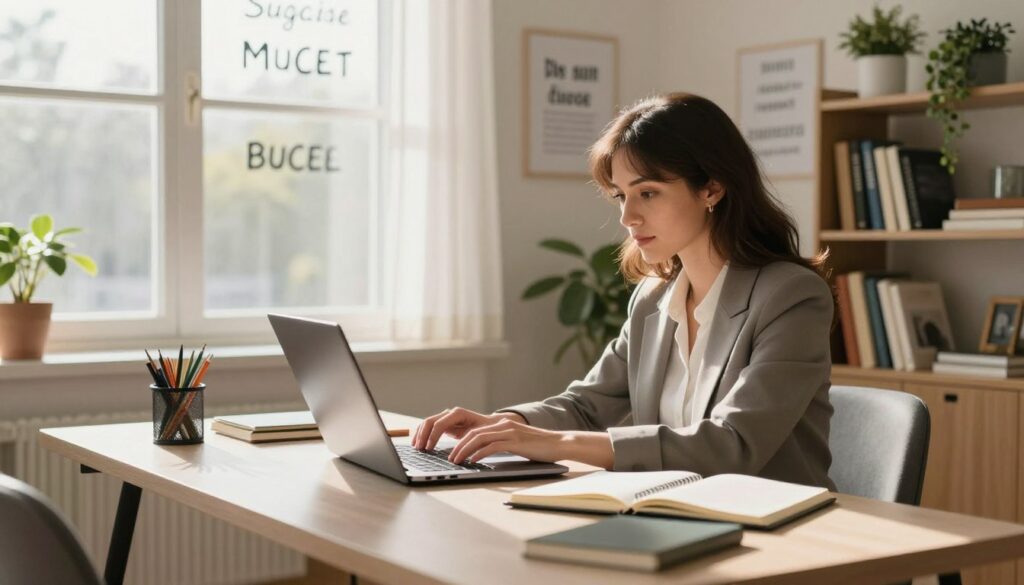 A focused freelance writer seated at a sleek, modern desk in a sunlit, stylish home office. In the foreground, the writer, a woman in professional business attire, types intently on a laptop, surrounded by notebooks and creative tools. The middle ground features a large window with sheer curtains, allowing warm sunlight to filter in, illuminating motivational quotes on the walls that embody a success mindset. In the background, a cozy bookshelf filled with inspiring books and a potted plant add a vibrant touch. The atmosphere is inviting and productive, with soft shadows casting lightly over the scene. Capture this in soft focus, with a shallow depth of field, showcasing a warm color palette that conveys creativity and professionalism. Perfect for illustrating the theme of building a six-figure freelance workspace for Growthby10x.