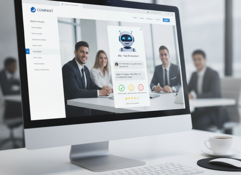 Business website interface showing AI chatbot conversation with customer and positive engagement metrics