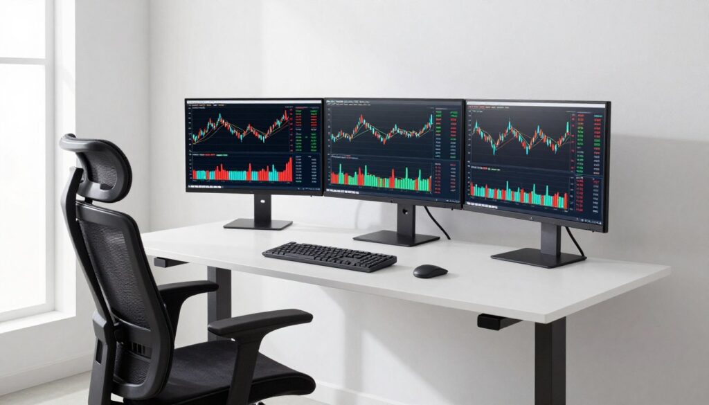 Complete day trading desk setup with multiple monitors and ergonomic chair