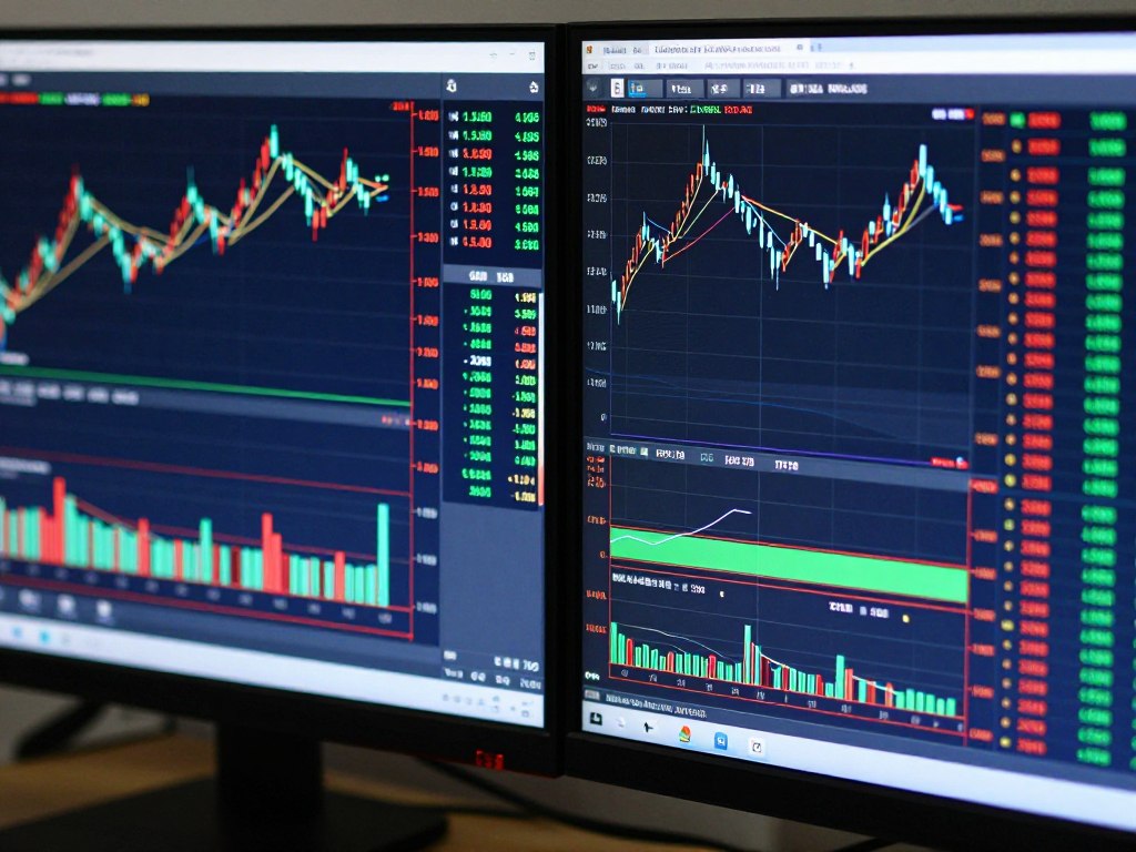 Dual monitor setup showing real-time trading charts and market data