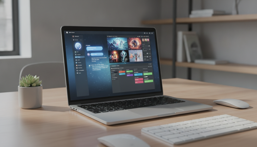 Modern laptop with AI software interfaces displayed on screen