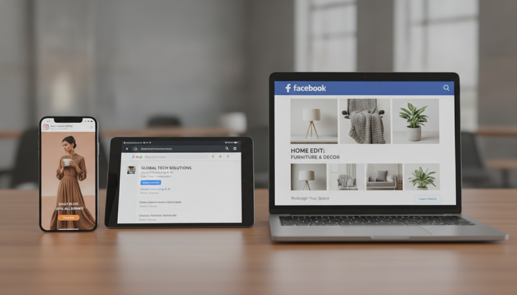 Multiple digital advertisement examples on various devices showing AI-created marketing campaigns