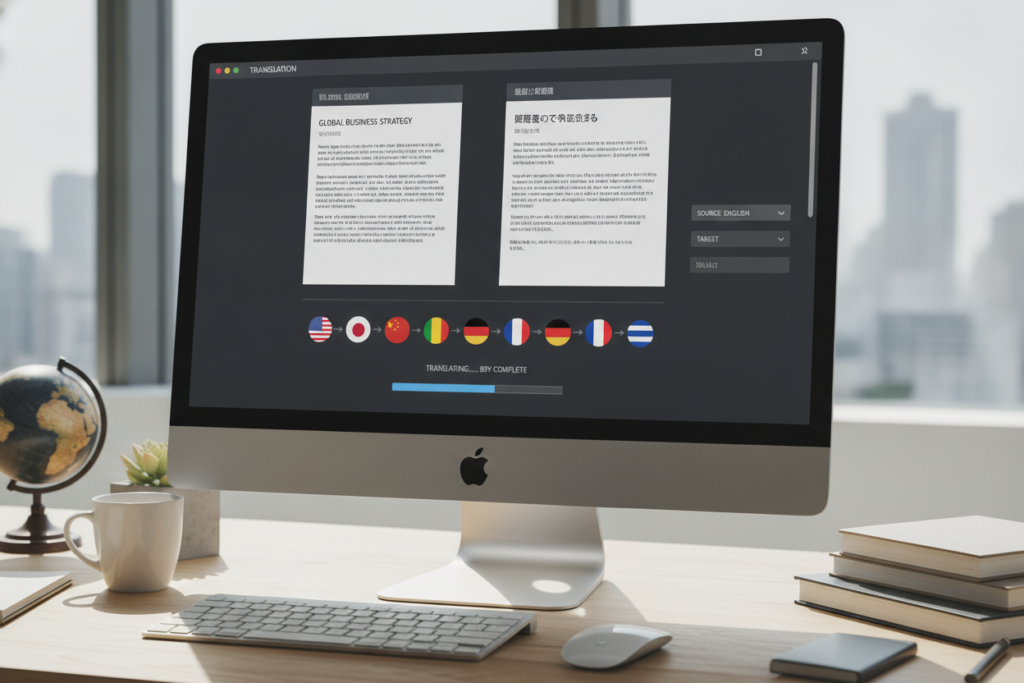 Multiple language documents and AI translation interface showing text conversion