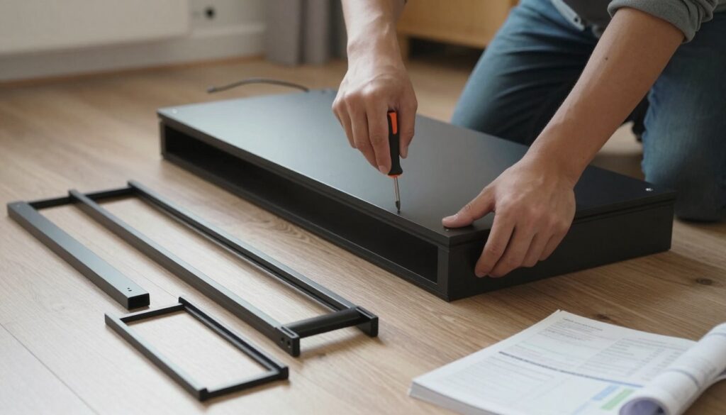 Person assembling trading desk setup step by step