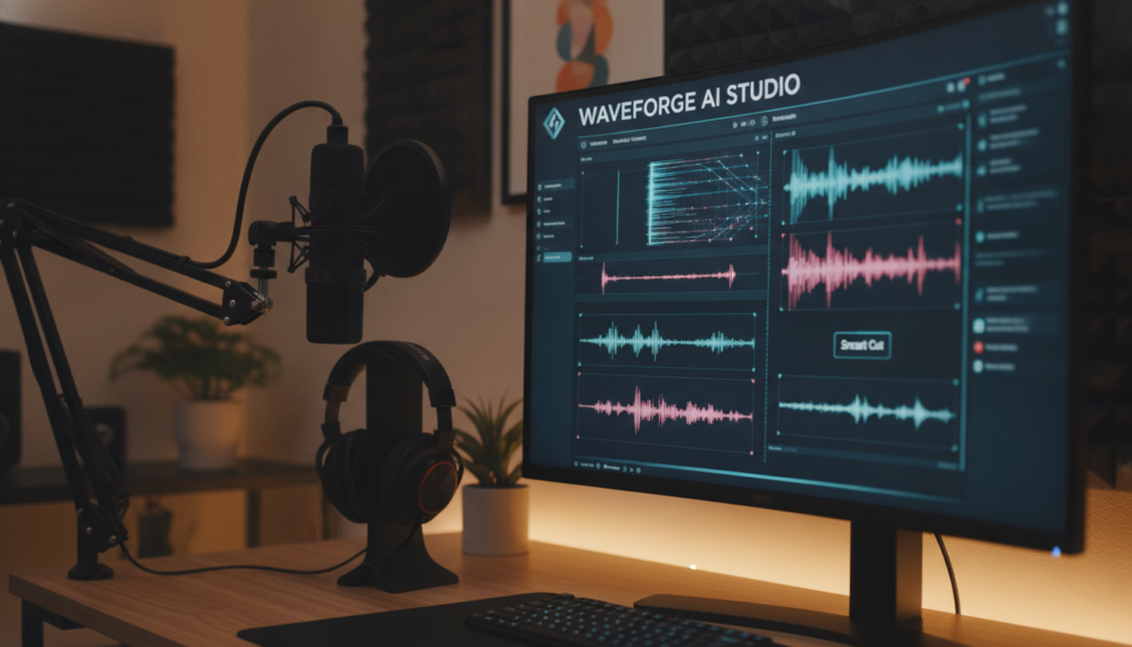 Podcast recording setup with AI editing software visible on computer screen