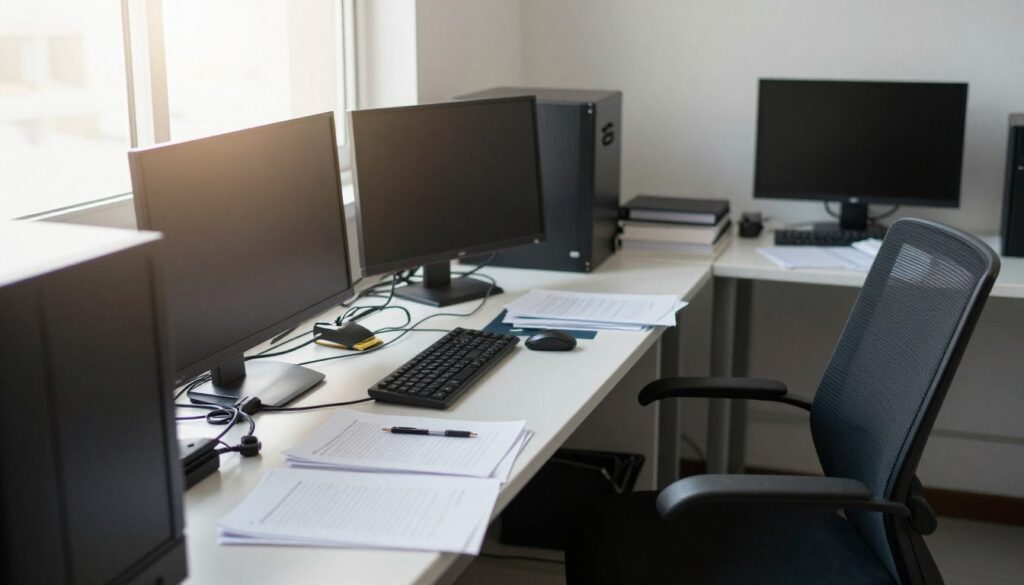 Poorly organized trading desk with common mistakes