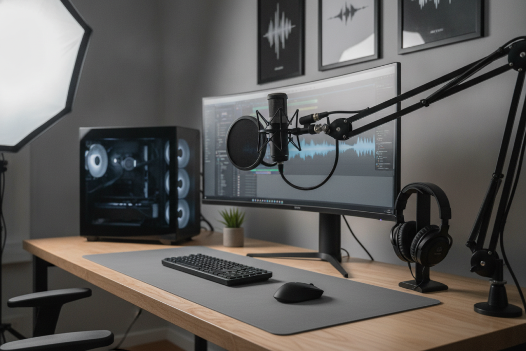 Professional USB microphone on desk stand for podcasting and content creation