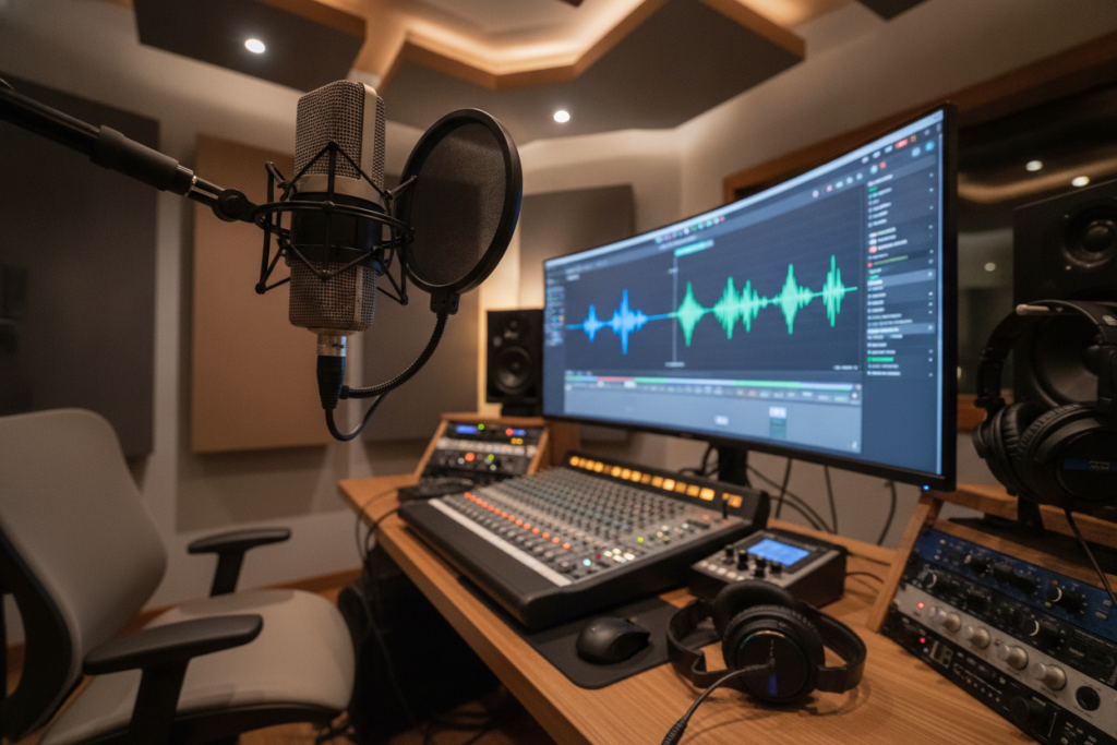 Professional microphone with AI waveform visualization on computer screen