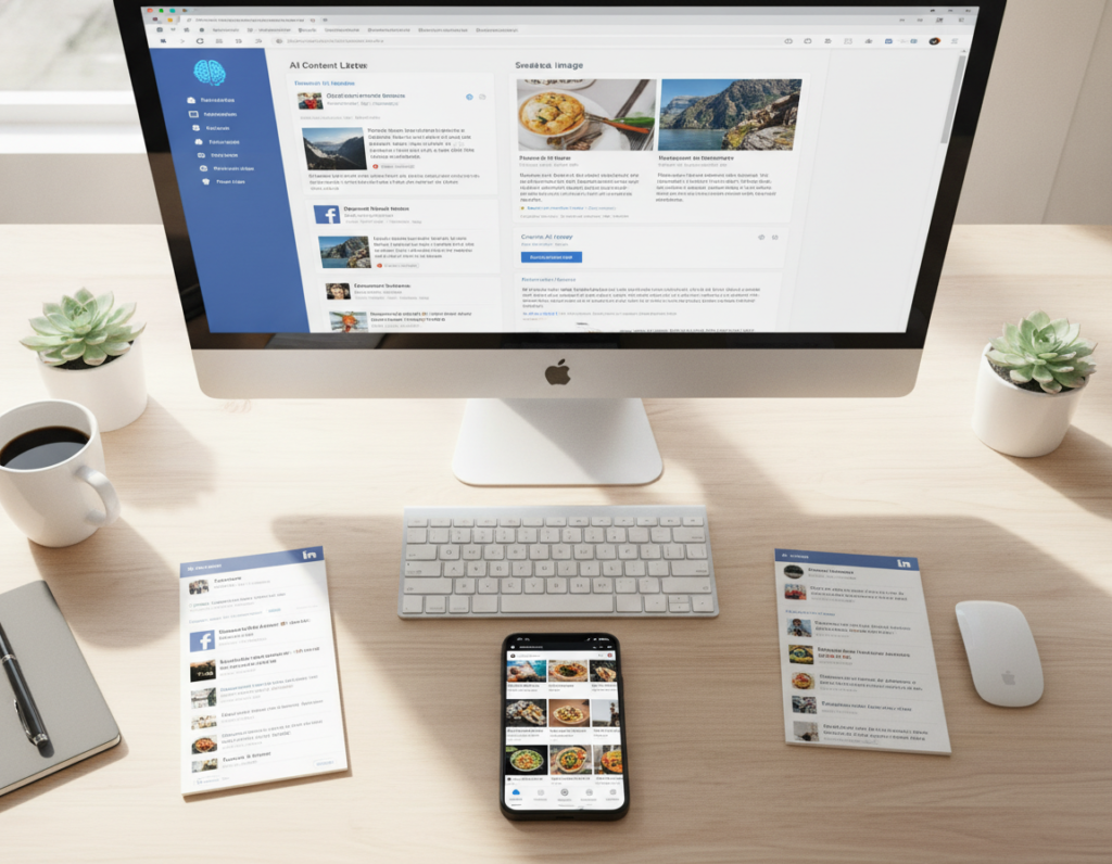 Smartphone displaying multiple social media apps with AI-generated content examples and engagement metrics
