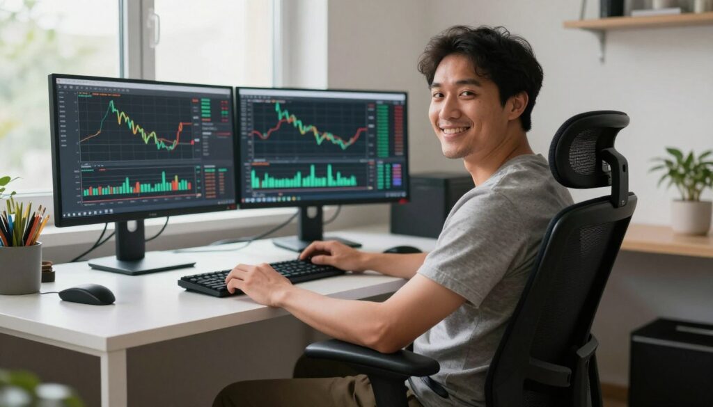 Successful trader working at optimized trading desk