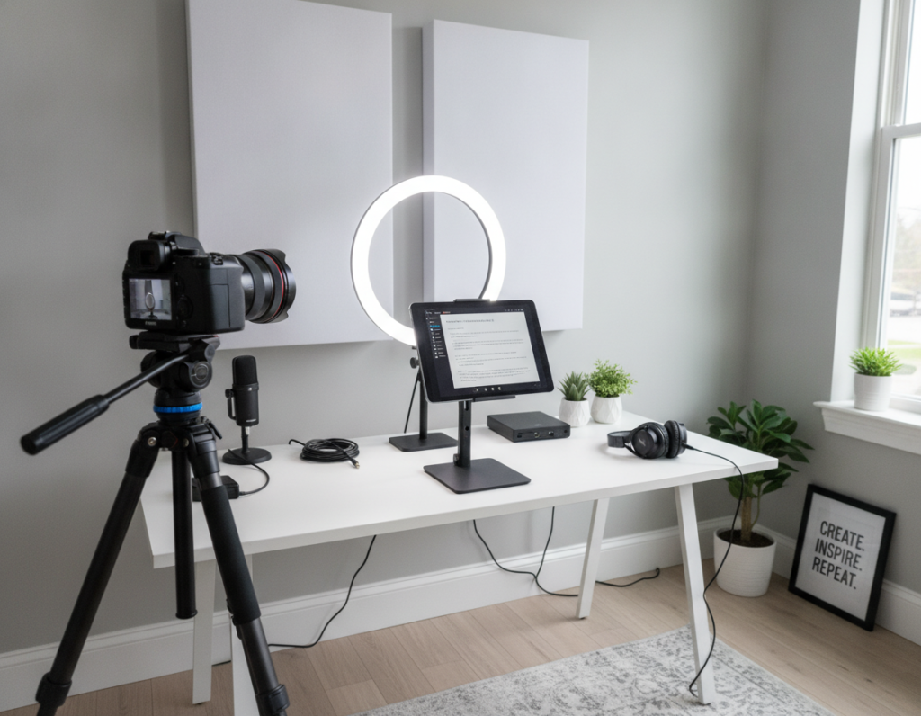 Video production setup with script on tablet and camera equipment