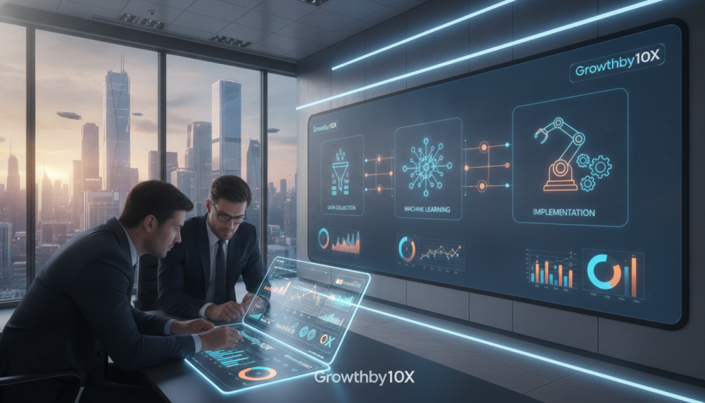 A modern, sleek office environment representing an AI automation agency's business model workflow. In the foreground, a diverse group of three professionals dressed in smart business attire are collaborating over a digital tablet, displaying flowcharts and data analytics. The middle layer features a large interactive screen showcasing various stages of AI automation processes, such as data collection, machine learning, and implementation. In the background, large windows reveal a city skyline, enhancing the sense of innovation and progress. The lighting is bright and focused, creating a professional atmosphere. The overall mood is dynamic and forward-thinking, symbolizing the rapid evolution of technology in business. The brand name "Growthby10X" is subtly reflected in the digital interfaces, embodying the agency's mission.