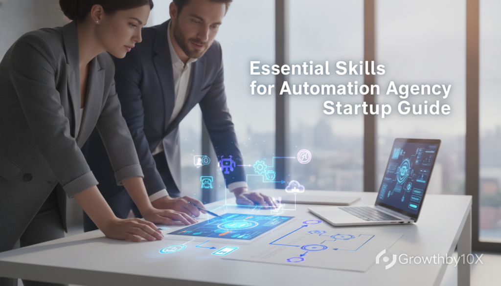 A sleek and modern depiction of an "Essential Skills for Automation Agency Startup Guide." In the foreground, a professional woman and man, dressed in smart business attire, are collaborating over a digital tablet displaying workflow diagrams and automation tools, showcasing teamwork and innovation. In the middle ground, a stylish desk with a laptop, automation flowcharts, and AI software icons highlights key concepts. The background features a bright, airy office space with large windows, allowing natural light to flood the scene, which adds an optimistic and energetic atmosphere. Warm tones and a subtle blur on the background suggest focus on the subjects while maintaining a professional environment. The brand logo "Growthby10X" subtly integrated into the workspace enhances brand identity without overpowering the image.