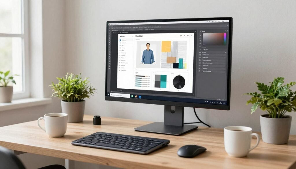 AI graphic design business workspace with computer showing design software and AI tools_Growthby10x