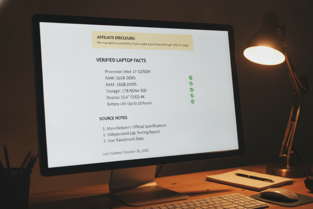 Affiliate disclosure and verified product facts in an honest laptop review