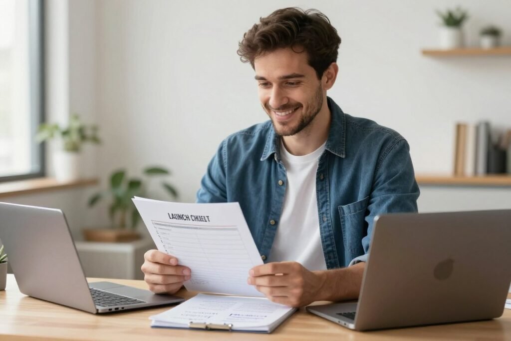 Beginner confidently launching an AI content writing business