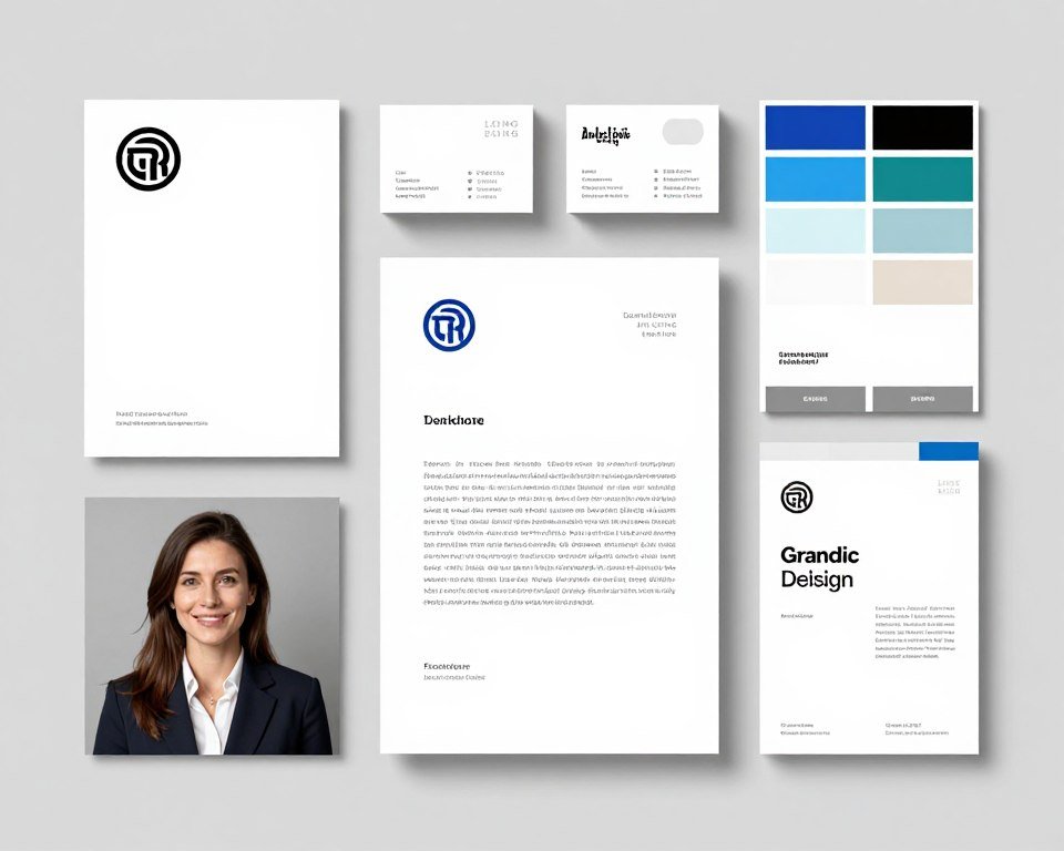 Brand identity materials including logo designs, color palettes, and typography samples