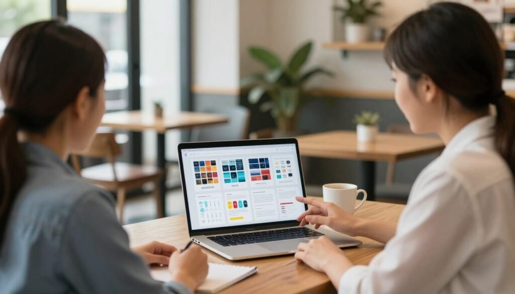 Business owner meeting with potential client showing design portfolio on laptop