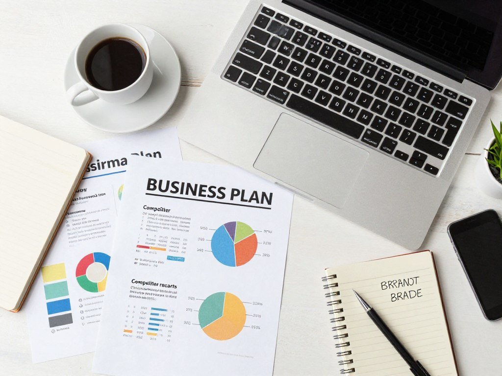 Business planning documents with graphic design business plan, target market research, and competitor analysis