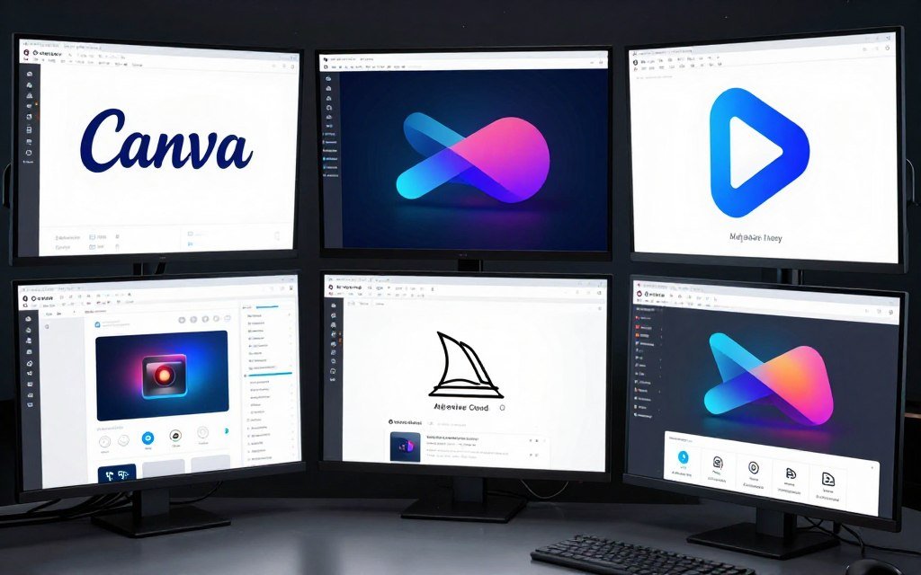 Collage of various AI graphic design tools and platforms on computer screens