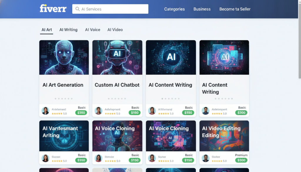 Fiverr platform showing AI service gigs and pricing packages