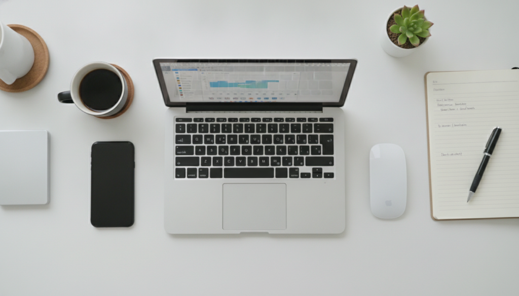 Freelance Toolkit essentials spread across a modern desk with laptop and coffee_growthby10x