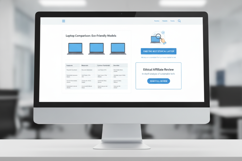 Honest Review Framework affiliate CTA beside a laptop comparison