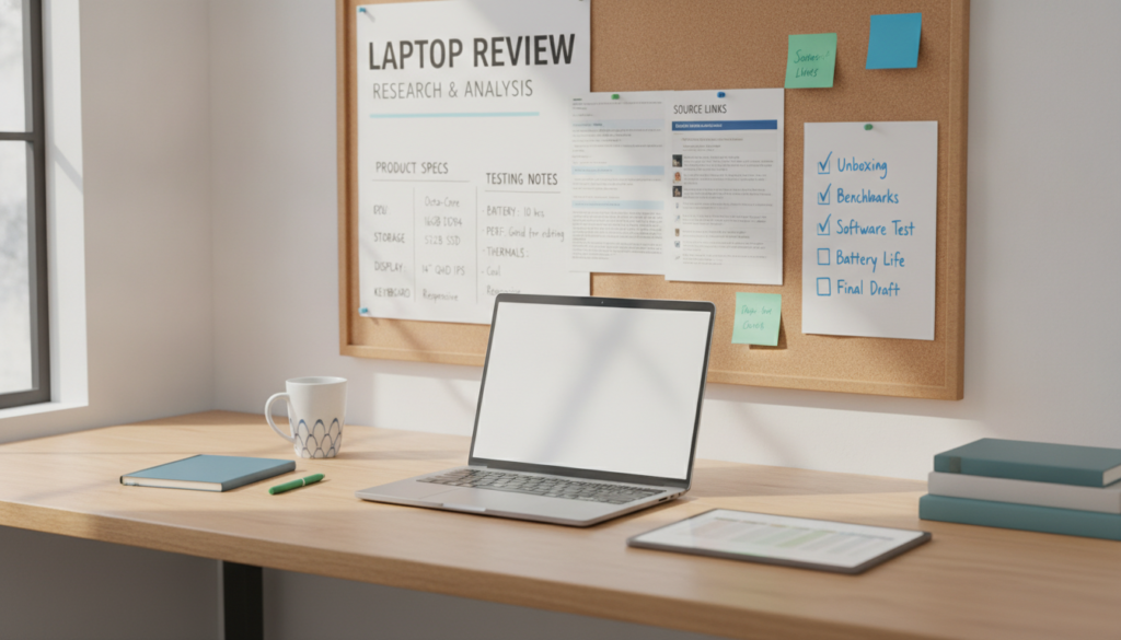 Honest Review Framework research board for a laptop review