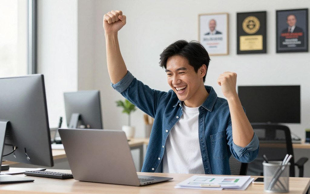 Successful graphic design business owner celebrating growth and achievement