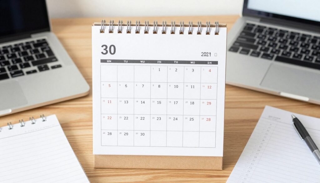 Thirty-day affiliate marketing action plan on a desk calendar
