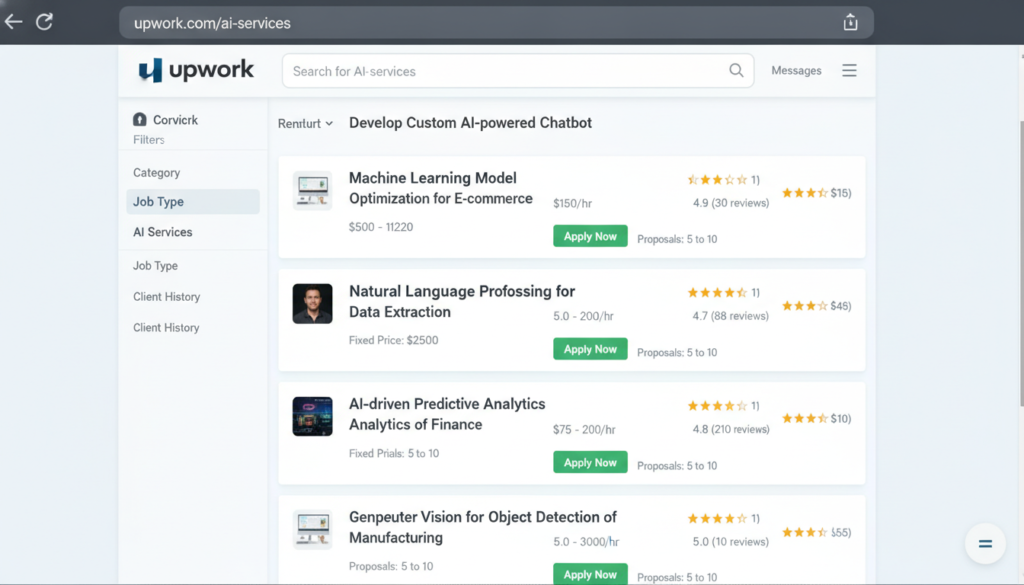 Upwork platform interface showing AI services categories and job listings