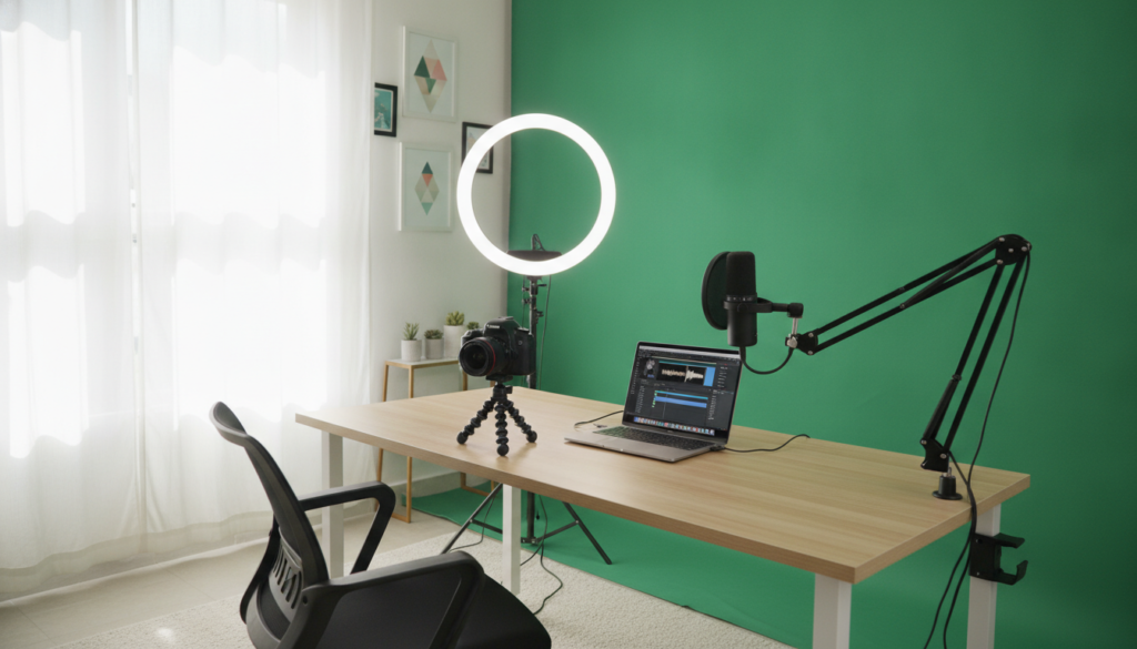 YouTube Studio Setup Under $500 showing camera, lighting, and microphone on desk_Growthby10x