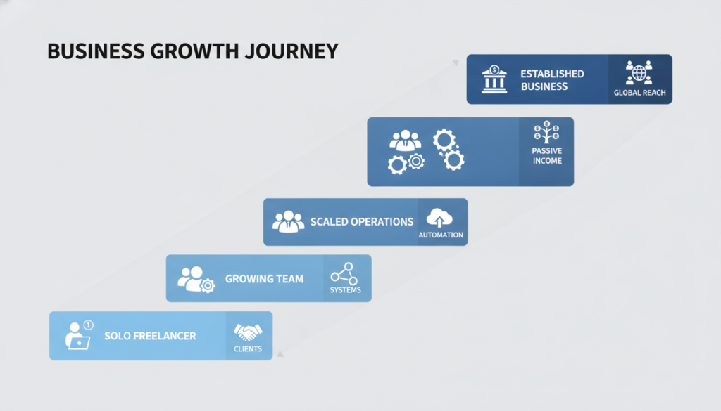 business growth concept showing progression from freelancer to sustainable business with multiple revenue streams
