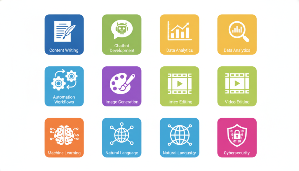 collection of AI service icons showing content creation, chatbot, data analysis, and automation services