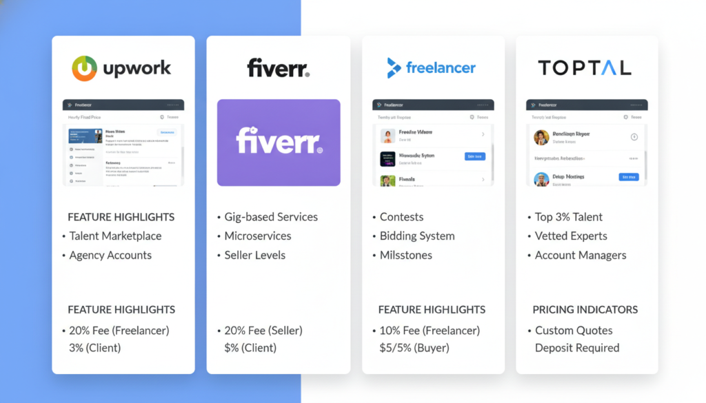 comparison of various freelance platforms and marketplaces showing logos and key features