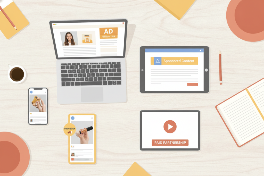 creator adding affiliate disclosures to a blog email video and social media content