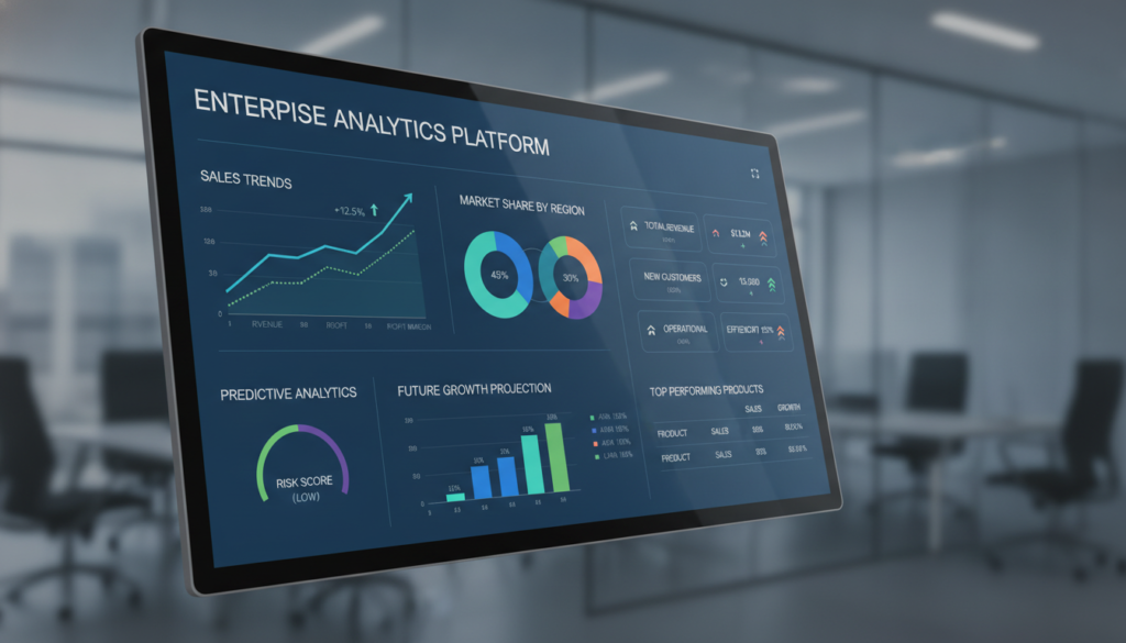 dashboard showing AI data analysis with charts, graphs, and business intelligence metrics