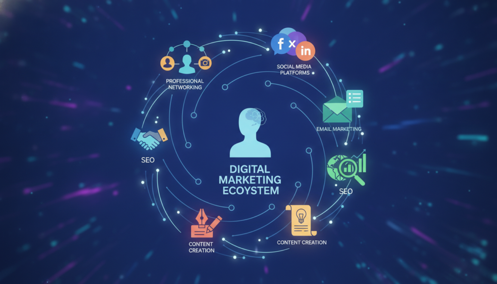 digital marketing concept showing multiple channels including social media, email, content marketing, and networking