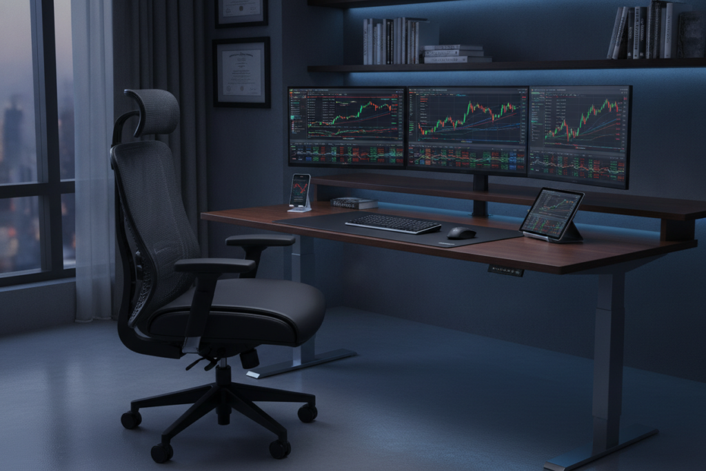 ergonomic trading chair and adjustable desk setup
