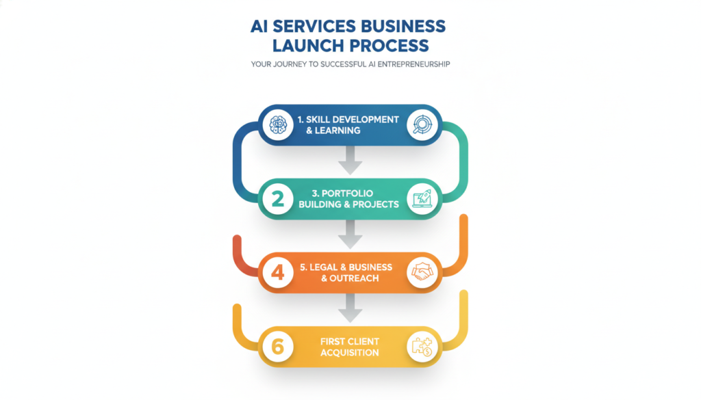 flowchart showing step-by-step process to start AI services business from learning to first client
