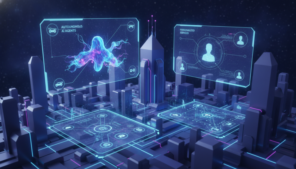 futuristic visualization of emerging AI trends including autonomous agents, personalization, and integration