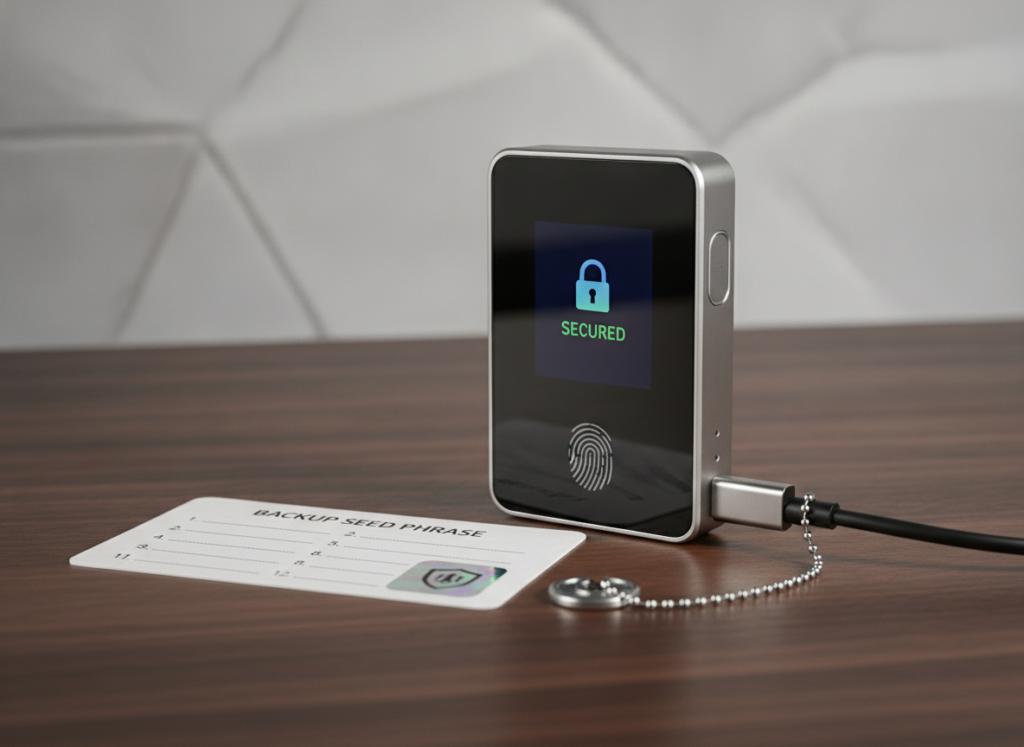 hardware wallet device for crypto investor displaying seed phrase backup