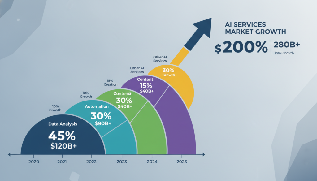 infographic showing AI services market growth chart from 2024 to 2026 with multiple service categories