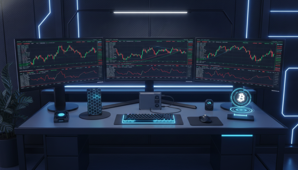 modern crypto investor gadgets setup with hardware wallet and trading tools