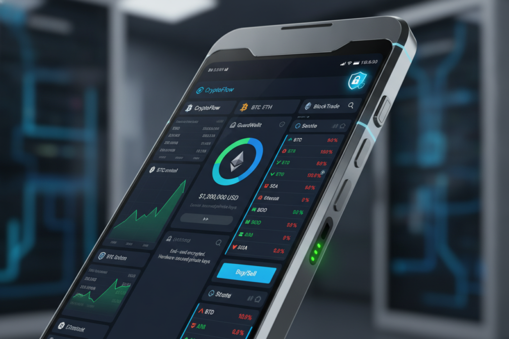 secure smartphone for crypto investor with trading apps displayed