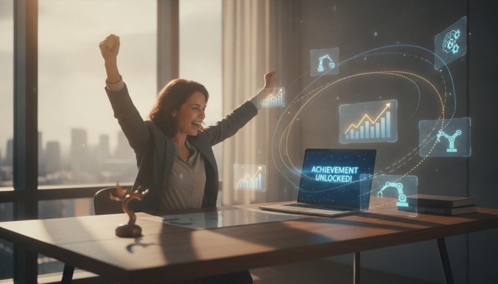 success concept showing person celebrating achievement with upward growth chart and AI service icons