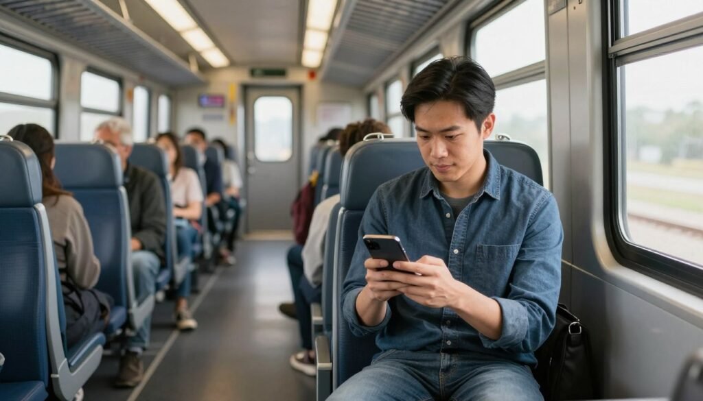Commute productivity on a phone during a safe train ride