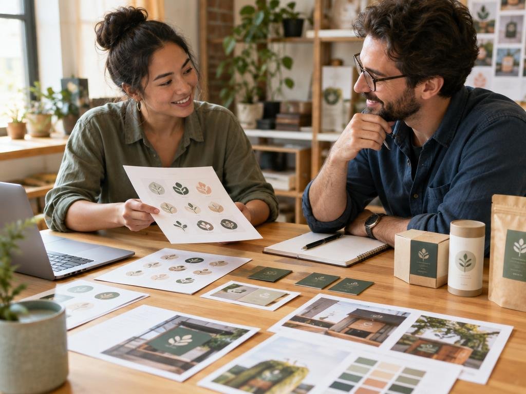 Designer discussing a physical branding upsell with a design client
