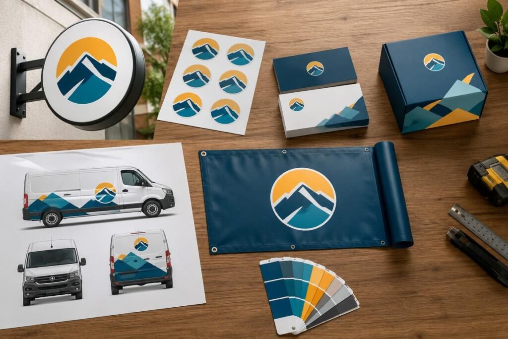 Physical branding assets including signage packaging printed materials and vehicle graphics