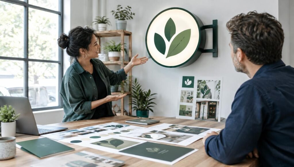Upselling real-world assets to design clients with a logo on physical signage